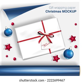 Vector gift wrapping paper rolls mock up, box with bow and Christmas decoration on light background. Template for your design with transparent shadows. 