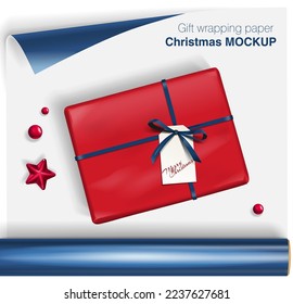 Vector gift wrapping paper rolls mock up, box with bow and Christmas decoration on light background. Template for your design with transparent shadows