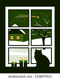 vector gifts and cat in the window and snowy landscape with christmas comet outside the window