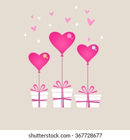 Vector gifts with color balloon in shape of hearts. Valentine's day, wedding, birthday card. Festive illustration for print, web