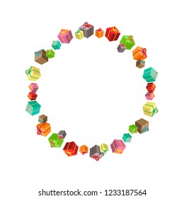 Vector gifts of different colors arranged in the shape of a circle forming a wreath.