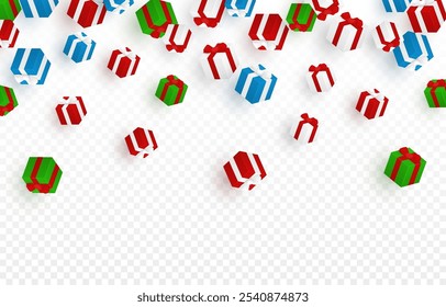 Vector gifts png. Falling multi-colored gifts on a transparent background, texture overlay. Christmas or New Year gifts. Festive background.