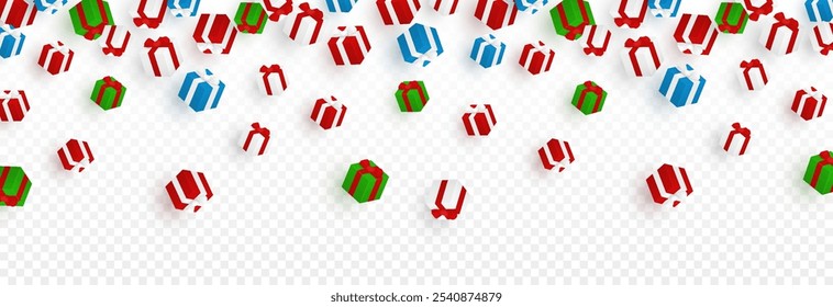 Vector gifts png. Falling multi-colored gifts on a transparent background, texture overlay. Christmas or New Year gifts. Festive background.