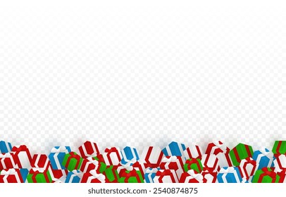 Vector gifts png. A lot of gifts lie on the ground, fallen gifts on a transparent background. Christmas or New Year gifts. Festive background.