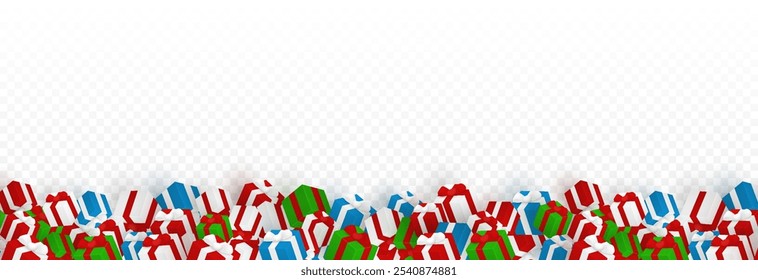 Vector gifts png. A lot of gifts lie on the ground, fallen gifts on a transparent background. Christmas or New Year gifts. Festive background.