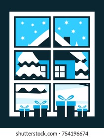 Vector Gifts In The Window And Snowy Landscape Outside The Window