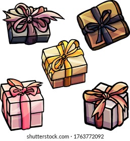 Vector gifts, wrapped gifts, boxes with ribbons, cartoon style, isolated on white background, present, oddnik, new year, birthday, wallpaper, postcard, for children, ribbons, packaging, gifts, bow
