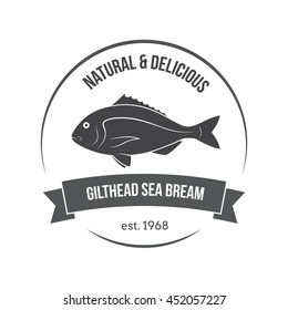 Vector gilthead sea bream, sparus aurata, dorado emblem, label. Template for stores, markets, food packaging. Seafood illustration.