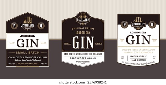 Vector gin black and white vintage labels and packaging design templates. Distilling industry branding and identity design elements