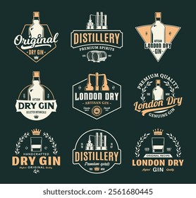 Vector gin and distillery vintage logo on a dark background. Gin and distilling business branding and identity design elements