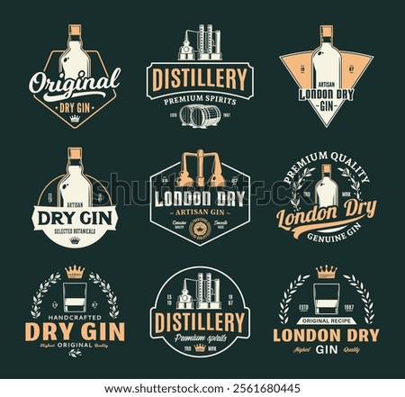 Vector gin and distillery vintage logo on a dark background. Gin and distilling business branding and identity design elements