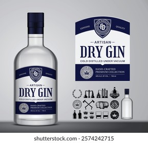 Vector gin label template and glass bottle mockup. Gin and distilling business branding and identity design elements