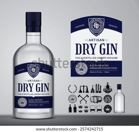 Vector gin label template and glass bottle mockup. Gin and distilling business branding and identity design elements