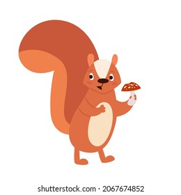 Vector ginger cartoon squirrel holding a mushroom.