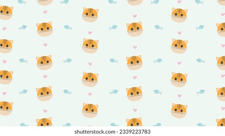 Vector ginger cat and fish on background seamless pattern.