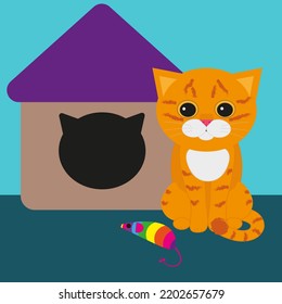 Vector ginger cat with a house in flat style. Simple childish style art. Cute cat and a mouse toy. For print and design