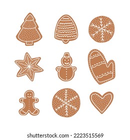 Vector ginger cookie Christmas set. Flat style Christmas cookie in different shape with white icing set,