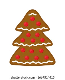 Vector ginger cookie - Christmas tree with icing, topping. Cartoon gingerbread, sweet pastry for holiday, homemade dessert.