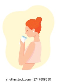 Vector ginger curly girl with cup of coffee