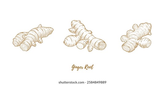 Vector ginger root and ginger powder line art illustration, graphic line ginger. Ginger powder in the bow. Engraving. Ingredient. Great for any designs, textile, art, walls