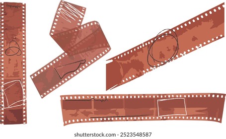 vector ginger rufous set of old 35mm, Grunge movie beige brown negative retro reel cinema Film strip. isolated on transparent background.