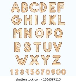 Vector gingerbread alphabet for celebration design. Holiday card. Cute vector illustration. New year. Holiday gingerbread man cookie.