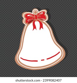 Vector gingerbread christmas bell cookie design element isolated on transparent background. Red and white style bell ginger cookie for Christmas and New Year Celebration. Vector design element.