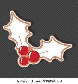 Vector gingerbread christmas holly berries  cookie design element isolated on transparent background. Vector Christmas decoration. Isolated Holly Berries Ginger Cookie Design Element for Christmas.