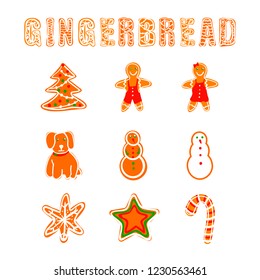 Vector Gingerbread Collection, Cookies Letters and Different Shapes, Christmastime Food.