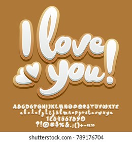 Vector gingerbread cookie card I love you with hearts. Set of Alphabet Letters, Numbers and Punctuation Symbols