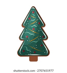 Vector gingerbread cookie in the form of Christmas tree isolated. Festive pastry on the white background. Illustration for bakery, candy store.