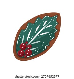 Biscoito de gengibre vetorial na forma de folha Holly isolada. Massa de Natal no fundo branco. Ilustração para padaria, loja de doces.