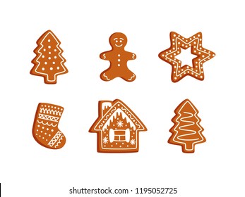 Vector gingerbread cookie set. Christmas objects: Christmas tree,  gingerbread man, star, Christmas stocking, gingerbread house. New Year decorations, items, symbols, icons.