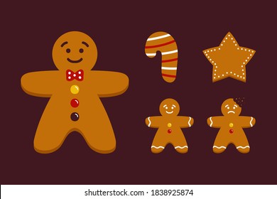 Galletas de jengibre vectoras. Hombres de pan de jengibre, estrellas, íconos de caña de caramelo conjunto, colección. Galletas de Navidad.