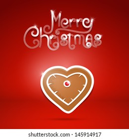 Vector gingerbread heart and Merry Christmas title on red background 