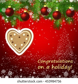 Vector gingerbread heart New Year design background. Template card whit red Christmas balls on the green branches. Silhouette of a Christmas tree made of stars. Falling snow.  
