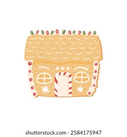 Vector gingerbread house with sweet decor isolated on white background. Christmas cookie. Festive sweet food. Hand drawn flat illustration