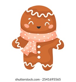 Vector gingerbread man in a pink scarf with hearts, isolated on a white background. Winter homemade sweets, gingerbread man. Gingerbread vector illustration in flat style.