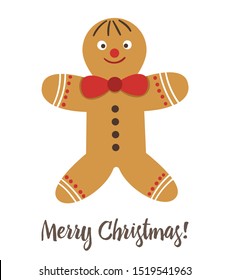 Vector gingerbread man with red bow isolated on white background. Cute funny illustration of new year symbol. Christmas flat style picture for decorations or design