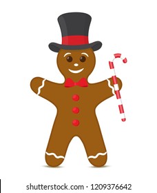 Vector gingerbread man in top hat, funny character with traditional sweet candy for Christmas holiday. Tasty bakery, sweet confectionery with icing glaze. Cheerful brown cookie, biscuit.