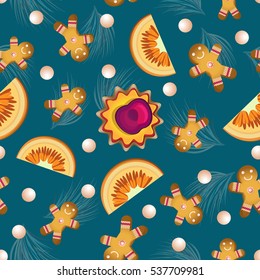 Vector gingerbread men cookies seamless slices of mandarin and cake with cherry