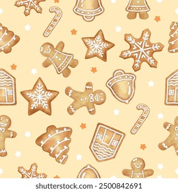 Vector gingerbread pattern hand drawn with watercolor. Cute Christmas theme. For textile, fabric, wallpaper, banners, cards and so on