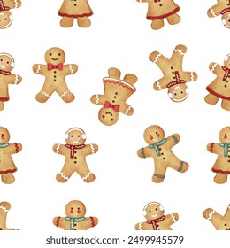 Vector gingerbread pattern isolated on a white hand drawn with watercolor. Cute Christmas theme. For textile, fabric, wallpaper, banners, cards and so on