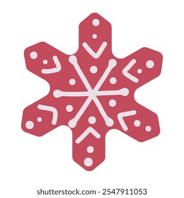 Vector Gingerbread Snowflake Cookie - A festive red snowflake-shaped gingerbread cookie with decorative icing details, perfect for holiday designs


