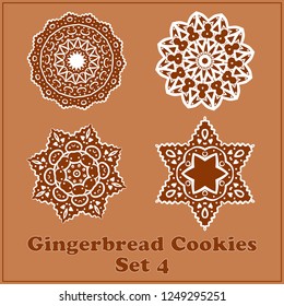 Vector Gingerbread Snowflakes Cookies Set. Merry Christmas Decor Elements.