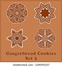 Vector Gingerbread Snowflakes Cookies Set. Merry Christmas Decor Elements.