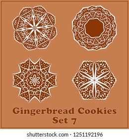 Vector Gingerbread Snowflakes Cookies Set. Merry Christmas Decor Elements.
