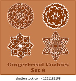 Vector Gingerbread Snowflakes Cookies Set. Merry Christmas Decor Elements.