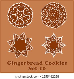 Vector Gingerbread Snowflakes Cookies Set No.10. Merry Christmas Decor Elements For Holiday Designs.