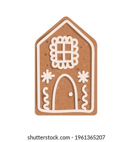 Pan de jengibre vectorial. Un símbolo del Año Nuevo y Navidad. Un placer tradicional. Casa de pan de jengibre con glaseado blanco.